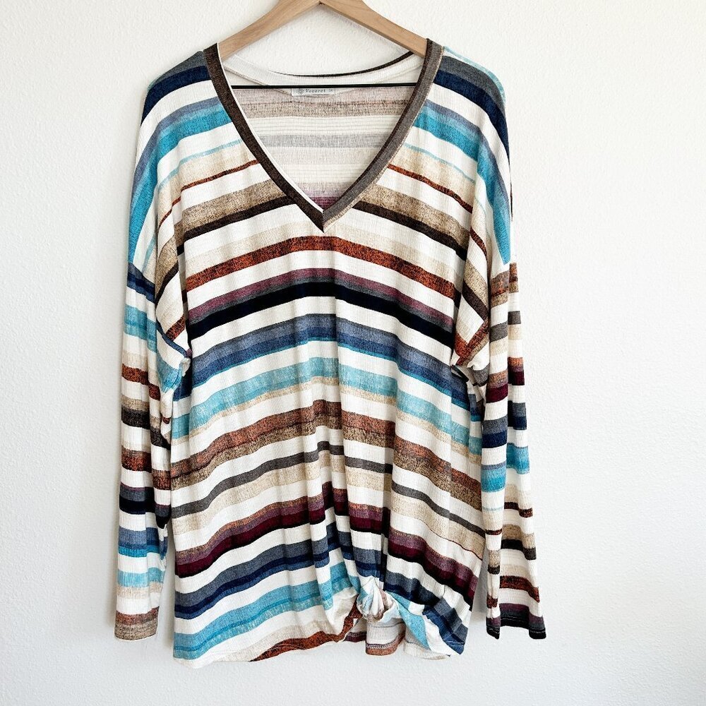 Veveret Shirt V-Neck Knot Front Tunic Stripe Top Blouse Blue Brown